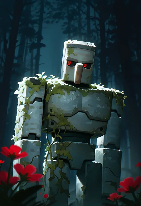 masterpiece, best quality, amazing quality, very aesthetic, absurdres, newest, cinematic, movie scene, foreground blur, volumetric lighting,
ironglem, no humans, red eyes, black sclera, red pupils, standing, solo, robot, big nose, long nose, no mouth, plant, grey metal body, vines, mecha, moss, red flower, thick gray monobrow, forest background, upper body, no legs, avoiding eye contact, looking off to distance,