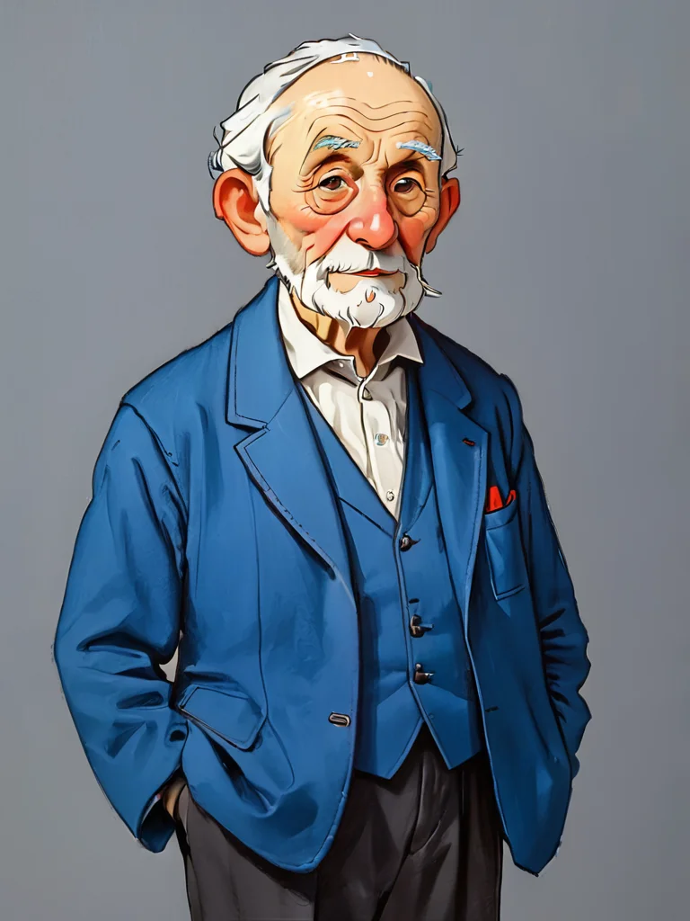 portrait of old professor in blue three-piece jacket, Genrih Valk illustration <lora:Childrens_book_illustration_by_Genrih_Valk:0.8>
