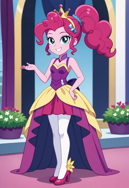 score_9, score_8_up, score_7_up, score_6_up, from My Little Pony Equestria Girls, a very young little human girl Pinkie_Pie wearing a fit blue|sky|green|brown|darkpurple|red|yellow gradients colors short princess dress, elegant detailed princess shoes, solo, 1girl, little princess girl, gradient dark pink hair with crown hairband, smile, childhood, looking at viewer, glow detailed eyes, garden of canterlot, tul, chiffon, laces, semi realistic cartoon, unreal engine 5, full body close-up, absurdres, digital art, soft light, perfect hands, perfect, hands, perfection, soft pink skin, skyblue eyes, party accesories and shoes, jewelry, tres chic,<lora:age_slider_v4:-4>,