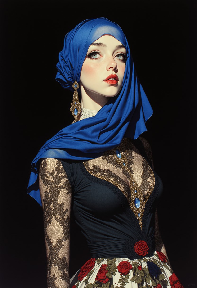 (ArsMJStyle, Colored pencil hyperdetailed realism, By Donna Young) A high-resolution photograph of a woman in a striking, avant-garde fashion ensemble. She is adorned with a sheer, deep blue fabric draped over her head, creating a veil-like effect that partially obscures her delicate features while revealing subtle makeup. Long, dangling earrings cascade down to her shoulders, adding elegance and contrast against the dark background. Her dress is intricately designed, with a black lace-like top featuring elaborate gold and silver embroidery that glistens subtly. Below the lace, layered fabric showcases floral motifs in earthy tones of brown and green, creating a rich and textured composition. The background is a solid dark color, sharply contrasting the vibrant blue of the veil and the ornate patterns of the dress, making her presence striking and enigmatic. The overall aesthetic blends modern fashion with artistic sophistication, emphasizing detail, texture, and a mysterious allure.