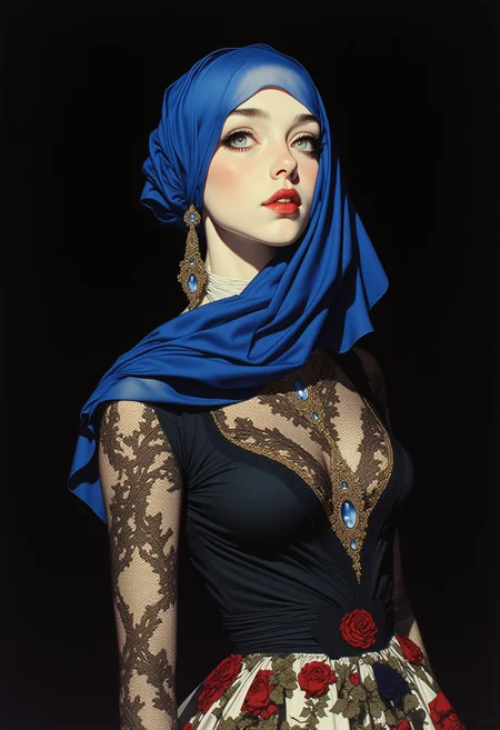 (ArsMJStyle, Colored pencil hyperdetailed realism, By Donna Young) A high-resolution photograph of a woman in a striking, avant-garde fashion ensemble. She is adorned with a sheer, deep blue fabric draped over her head, creating a veil-like effect that partially obscures her delicate features while revealing subtle makeup. Long, dangling earrings cascade down to her shoulders, adding elegance and contrast against the dark background. Her dress is intricately designed, with a black lace-like top featuring elaborate gold and silver embroidery that glistens subtly. Below the lace, layered fabric showcases floral motifs in earthy tones of brown and green, creating a rich and textured composition. The background is a solid dark color, sharply contrasting the vibrant blue of the veil and the ornate patterns of the dress, making her presence striking and enigmatic. The overall aesthetic blends modern fashion with artistic sophistication, emphasizing detail, texture, and a mysterious allure.