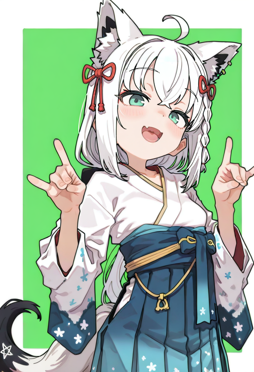 1girl,shirakami fubuki,shirakami fubuki \(new year\),hololive,ahoge,alternate costume,alternate hairstyle,animal ear fluff,animal ears,blue hakama,blush,border,braid,cowboy shot,crossed bangs,double fox shadow puppet,earrings,floral print,fox ears,fox girl,fox shadow puppet,fox tail,green background,green eyes,hair ornament,hakama,hakama short skirt,hakama skirt,hands up,japanese clothes,jewelry,kimono,long hair,looking at viewer,open mouth,pentagram,print kimono,side braid,sidelocks,simple background,skirt,smile,solo,striped,tail,tongue,very long hair,virtual youtuber,white border,white hair,white kimono,:d,single earring <lora:sabotenmanXL_NBVP1_lokr_V6311PZ:0.95>