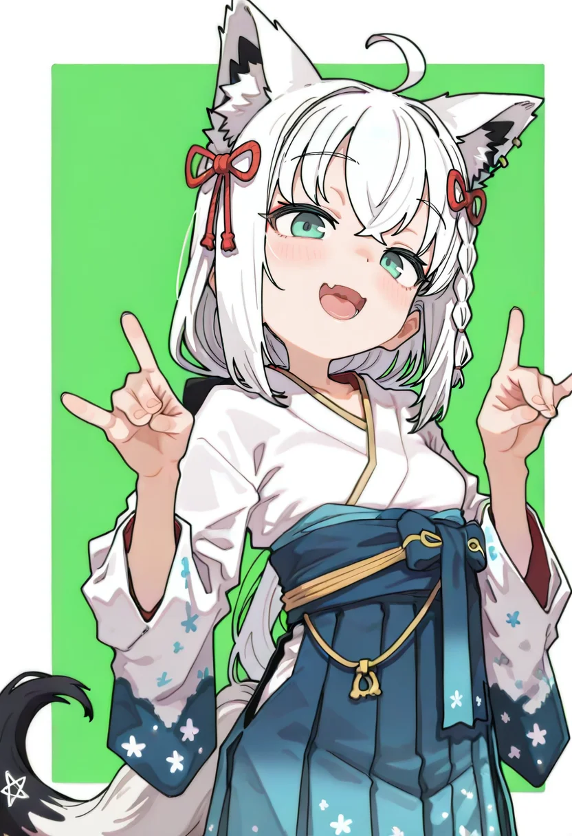 1girl,shirakami fubuki,shirakami fubuki \(new year\),hololive,ahoge,alternate costume,alternate hairstyle,animal ear fluff,animal ears,blue hakama,blush,border,braid,cowboy shot,crossed bangs,double fox shadow puppet,earrings,floral print,fox ears,fox girl,fox shadow puppet,fox tail,green background,green eyes,hair ornament,hakama,hakama short skirt,hakama skirt,hands up,japanese clothes,jewelry,kimono,long hair,looking at viewer,open mouth,pentagram,print kimono,side braid,sidelocks,simple background,skirt,smile,solo,striped,tail,tongue,very long hair,virtual youtuber,white border,white hair,white kimono,:d,single earring <lora:sabotenmanXL_NBVP1_lokr_V6311PZ:0.95>
