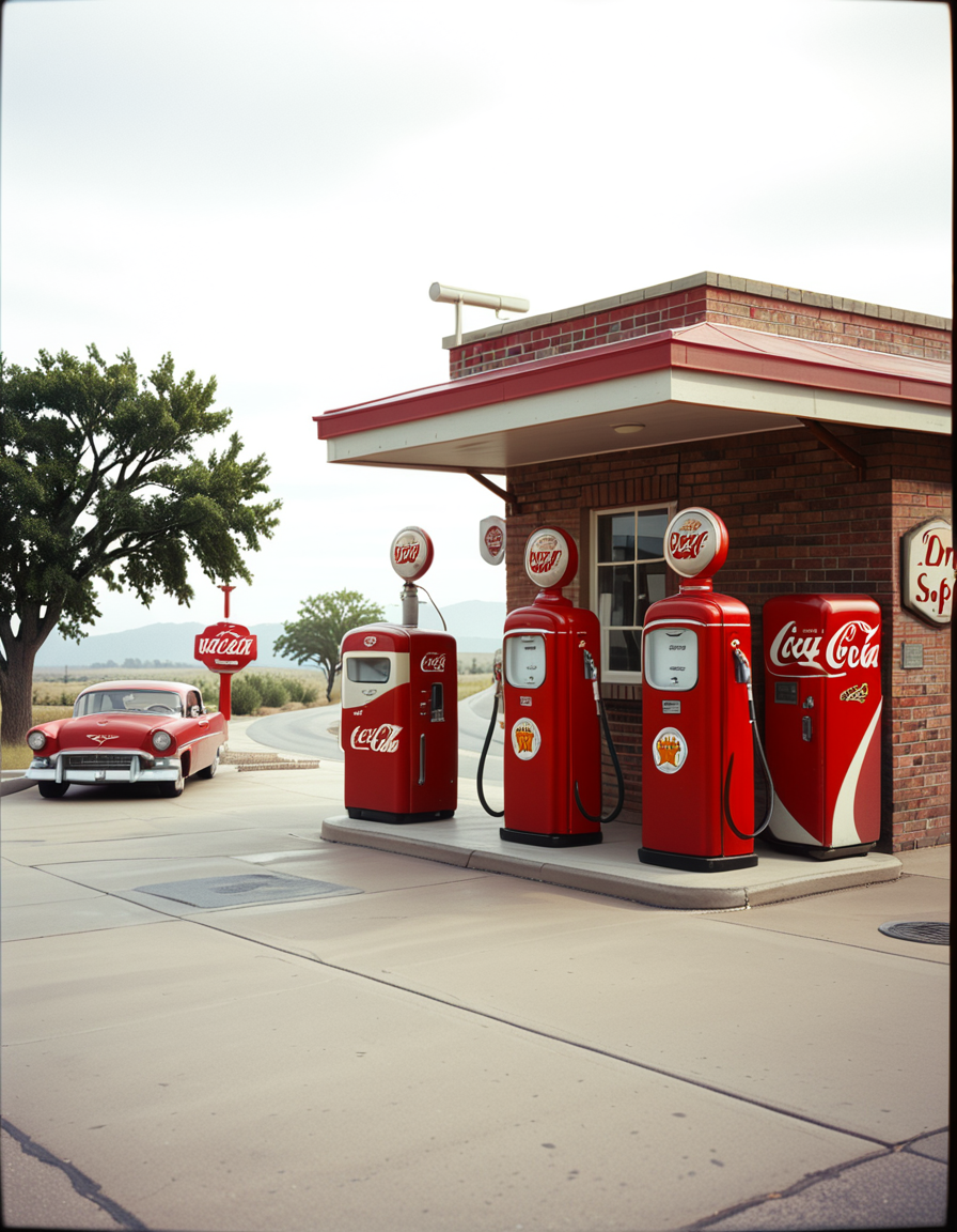 A realistic vintage photograph of a 1950s American gas station with no people present. The small brick building has a flat roof with a wide canopy extending over two classic red gas pumps from the 1950s, featuring chrome details, round meters, spiral hoses, and retro branding like "Texaco" or "Shell".The ground is old concrete with cracks and oil stains. Beside the station, there's a vintage Coca-Cola vending machine and a hand-painted wall sign that reads âDrive Safely!â. The sky is lightly overcast, casting soft shadows and a nostalgic mood. In the background, leafy trees, distant low hills, and an empty country road stretch into the distance. The photo has a slightly faded, desaturated color palette with warm vintage tones and a subtle grain, mimicking the look of 1950s Kodak film photography. The overall atmosphere is calm, quiet, and deeply nostalgic.
<lora:SDXLFaeTastic2400:0.4> <lora:extremely_detailed:0.4> extremely detailed, <lora:1950s_American_gas_st4t10n:1>,1950s American gas st4t10n, Masterpiece,best quality,hi res,8k,hi res,8k,award winning,(sharp focus, intricate, highly detailed),