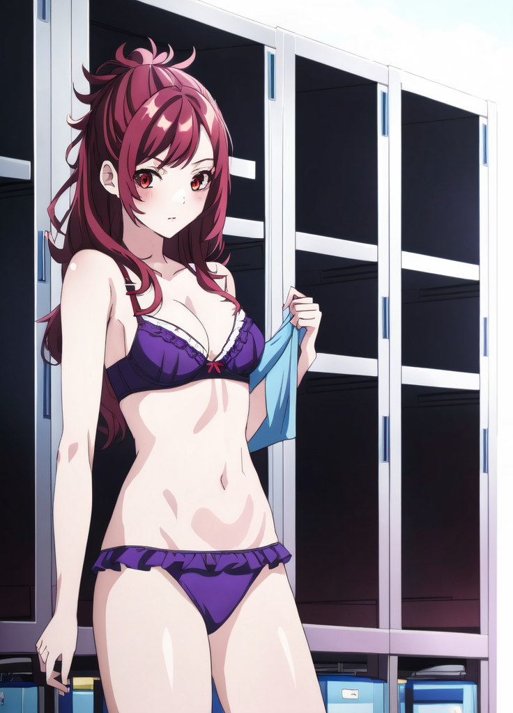 Kaede, 1girl, red eyes, bra, frills, locker, locker room, long hair, panties, purple bra, red hair, solo, swimsuit, underwear, undressing, white shirt, 8k, masterpiece, trending on artstation, <lora:Masterpiace:0.7>,   <lora:Cheat_Skill_in_Another_World-Kaede:1>,