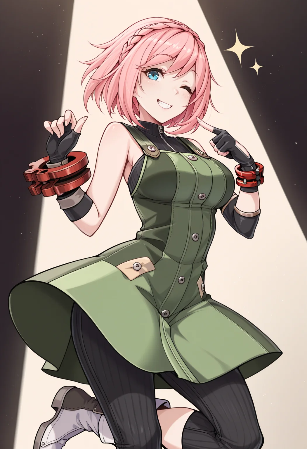 masterpiece, best quality, 1girl, pointing at self, wink, grin, sparkle, standing on one leg, <lora:KanonGE-illu:1> dfKan, short hair, pink hair, crown braid, blue eyes, green pinafore dress, turtleneck, bare shoulders, arm warmers, black gloves, single glove, fingerless gloves, red bangle, capri pants, black pants, white boots, spotlight