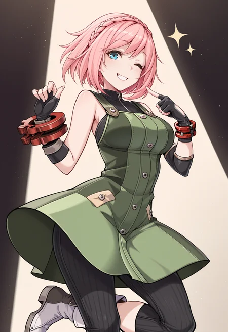 masterpiece, best quality, 1girl, pointing at self, wink, grin, sparkle, standing on one leg, <lora:KanonGE-illu:1> dfKan, short hair, pink hair, crown braid, blue eyes, green pinafore dress, turtleneck, bare shoulders, arm warmers, black gloves, single glove, fingerless gloves, red bangle, capri pants, black pants, white boots, spotlight