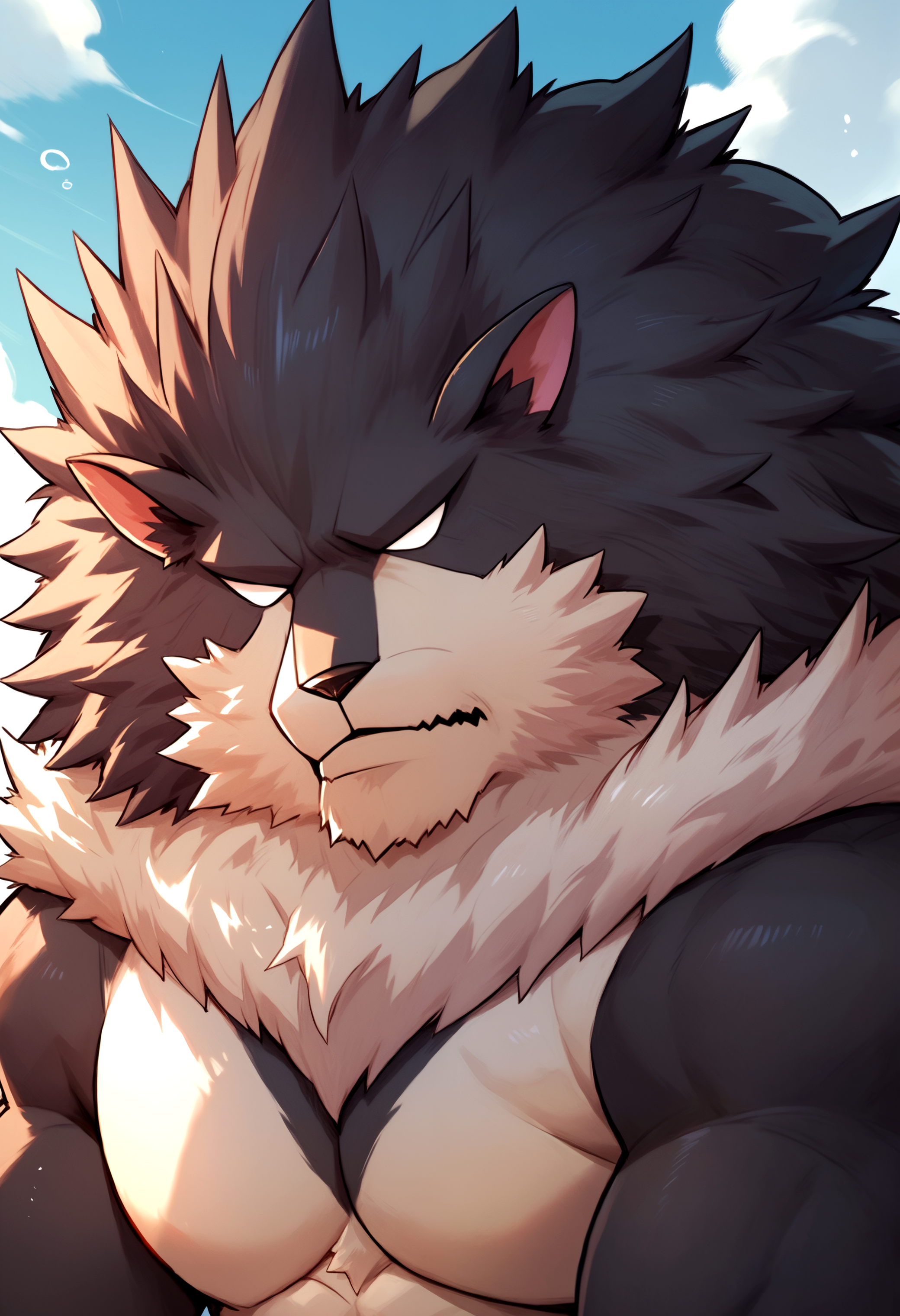 score_9, score_8_up, score_7_up, <lora:Black Lion_epoch_2>, black lion, lion, black fur, no iris, no pupils, furry, furry male, ears, bara, solo, 1boy, muscular male, topless, mane, looking at viewer,  outside,