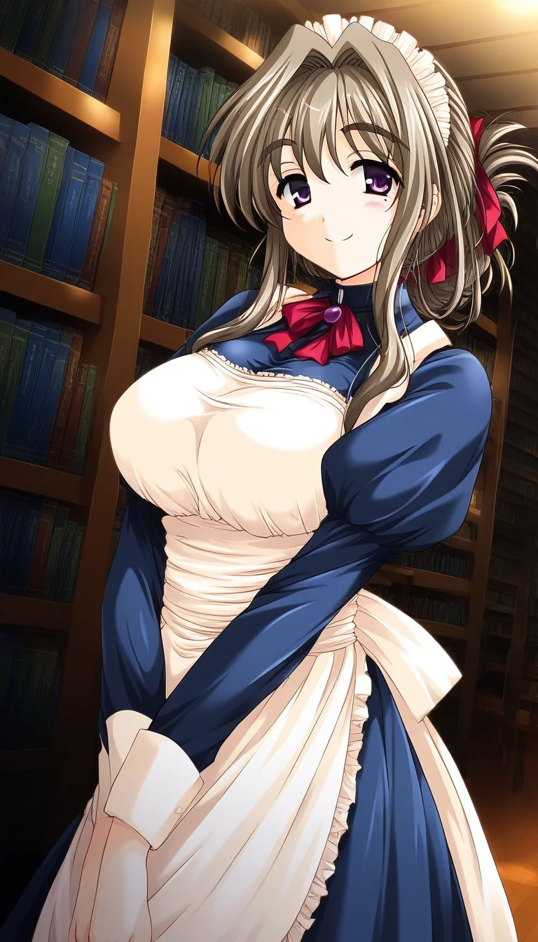 score_9, score_8_up, score_7_up, source_anime, rating_explicit, BREAK <lora:Tomosato_Shiori_Ver2.0_XL:1> TomosatoShiori, brown hair, large breasts, purple eyes, hair intakes, hair ribbon, red ribbon, folded ponytail,
maid, maid headdress, apron, long sleeves, v arms, bookshelf, library,
smile,
looking at viewer,
cowboy_Shot,