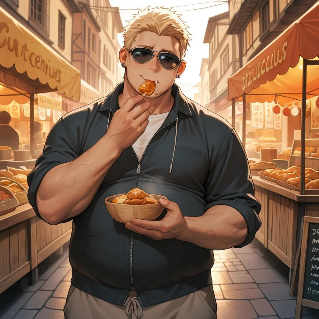 masterpiece, best quality, amazing quality, absurdres, newest, detailed background, definition so sharp, Ultra-HD, 8K cinematic, very awa, impressionate, amazing quality, highres,
solo, male focus, manly,
1boy, short hair, goatee, chubby, rikio_blonde, rikio_brown eyes, rikiokamamoto, sunglasses \(pushed up\), earrings, sideburns, casual outfit, food stall, street market, daytime, warm lighting, delicious, contented, cheerful, foodie, holding food, happy expression, eating,