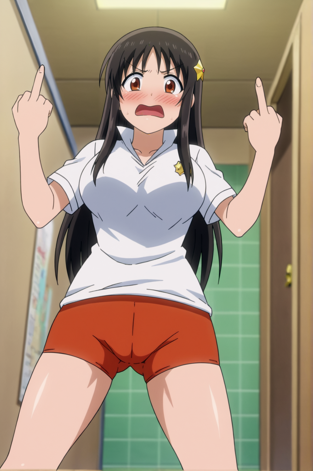 score_9, score_8_up, score_7_up,anime_source, source_anime, best background, detailed background, anime screencap,  Inori Amano, sports uniform, solo, horny, dynamic camera, indoors, corridor, dynamic angle, dynamic camera, tsundere, embarrassed, enraged, fuck finger, middle finger, legs apart, <lora:JN_Inori_Amano:0.8>