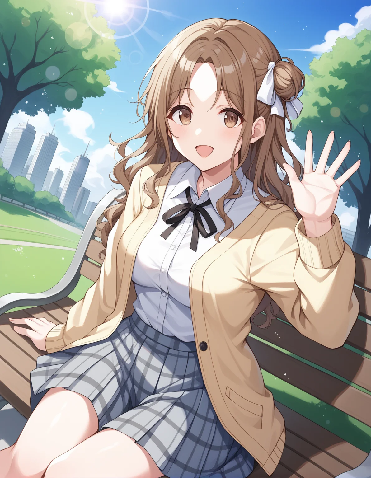 score_9, score_8_up, score_7_up, source_anime, rating_safe, BREAK <lora:hinanaIchikawa_XL-Pony_LoRA-C3Lier_16-16-8-8_AdamW_Un3e-4_Te1.5e-4_10batch:1>, ichikawa hinana, 1girl, single side bun, single hair bun, brown hair, long hair, parted bangs, brown eyes, hair ribbon, white ribbon, neck ribbon, black ribbon, yellow cardigan, long sleeves, open cardigan, open clothes, white shirt, grey skirt, pleated skirt, plaid skirt, chestnut mouth, dutch angle, waving, sitting, looking at viewer, facing viewer, light particles, light rays, park bench, park, cityscape, blue sky, cloud, sunlight, lens flare