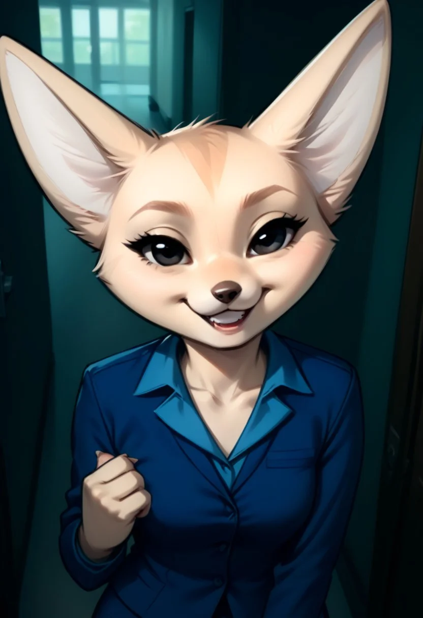 (detailed texture, digital artwork, improved quality, soft shading, cartoon, cinematic:1.2), ((hallway, office)), (((solo, upper body))), ((beige fur, textured fur, anthro fennec, female, Fenneko_(Aggretsuko):1.0)), ((snout, pointy ears, tail, claws, black eyes, eyelashes)), ((blue businesswoman outfit:1.2)), ((smile, half-closed eyes, posing, looking at viewer)),