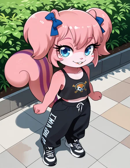 masterpiece, best quality, very aesthetic, absurdres,
outdoors, streetwear,
full body, posing,
seductive smile, parted lips, long eyelashes,
<lora:Twiggy_v01_NAIXL:1>
Tw166y,1girl,solo,furry,furry female,squirrel girl,pink hair,squirrel ears,short hair,twintails,hair bow,blue eyes,blush stickers,animal nose,buck teeth,body fur,pink fur,squirrel tail,