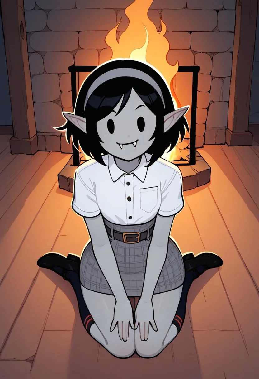 (score_9 | score_8_up | score_7_up)
((masterpiece:1))(best quality,very high quality,ultra detailed:1.2)
(2D,anime style:1)(lora:add-detail-xl:1)(Smooth:2)(clean blurring)
(four fingers on each hand,one thumb on each hand:1)
(detailed hands:1)(extra detailed,realistic eyes)
(solo,alone,one character)(anatomically correct)
(detailed face and eyes:1)(precise face and eyes:1)
|
(dramatic lighting,dynamic shading,beautiful atmosphere,dramatic shading)
(cozy theme:1.1)(highly detailed background:1.3)(indoors,log cabin,wood walls)
(front view,high angle view)
(mischievous expression,smug smile,grey hair band,grey headband)
(dynamic pose,posing for viewer,looking up at viewer)
(hands on knees,kneeling,kneeling by fireplace,fireplace)
(collared shirt,short sleeves,belt,plaid skirt,long sock,shoes)
|
(marci,grey skin,black hair,short hair,dot eyes,fangs,pointy ears)
(flat chest,thin arms,skinny waist,narrow waist,skinny thighs,skinny legs)