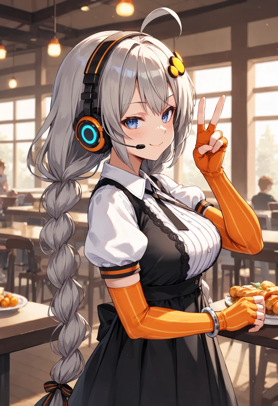 score_9, score_8_up, score_7_up,
<lora:KizunaAkari_MMD_Pony_V1:0.95>blue eyes, grey hair, ahoge, twin braids, braid, very long hair, hair ornament, hair tubes, headphones, headset,
black dress, lace-trimmed dress, short sleeves, puffy sleeves,
orange gloves, striped gloves, elbow gloves, fingerless gloves, bracelet,
orange pantyhose, striped pantyhose,
star print, star (symbol), vertical stripes,
from side,, looking back,, upper body,,
A cafeteria, delicious food, Holding food ,
smile,cowboy shot ,huge brests,
smug, smirk, blush,peace sign,