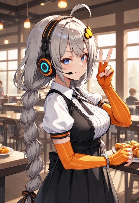 score_9, score_8_up, score_7_up,
<lora:KizunaAkari_MMD_Pony_V1:0.95>blue eyes, grey hair, ahoge, twin braids, braid, very long hair, hair ornament, hair tubes, headphones, headset,
black dress, lace-trimmed dress, short sleeves, puffy sleeves,
orange gloves, striped gloves, elbow gloves, fingerless gloves, bracelet,
orange pantyhose, striped pantyhose,
star print, star (symbol), vertical stripes,
from side,, looking back,, upper body,,
A cafeteria, delicious food, Holding food ,
smile,cowboy shot ,huge brests,
smug, smirk, blush,peace sign,