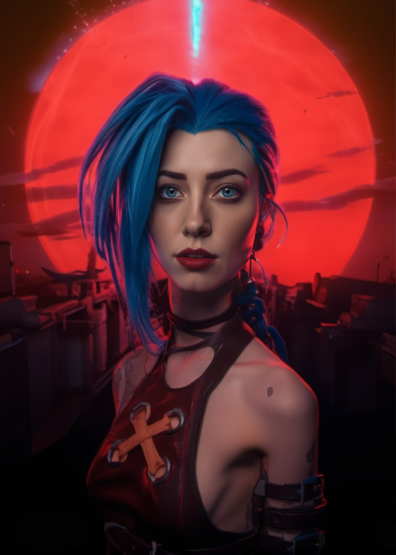cinematic photo a woman with blue hair  standing in front of a red sun , cyberpunk art <lora:Jinx1024-000260:0.8> . 35mm photograph, film, bokeh, professional, 4k, highly detailed