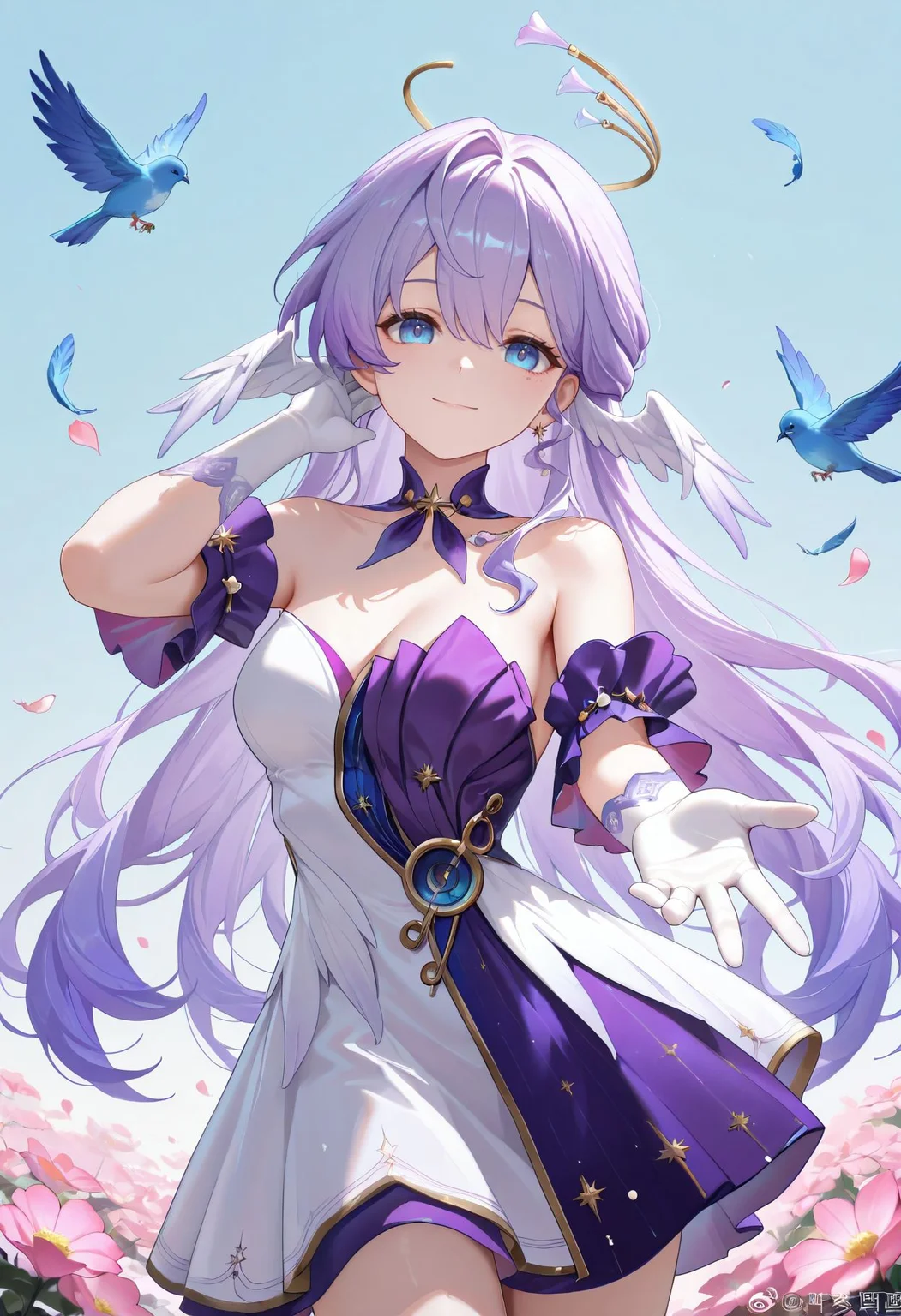 masterpiece,best quality,amazing quality, absurdres, <lora:robin_honkai_star_rail_ilxl_goofy:1> robinHSR, 1girl, adjusting hair, bird, blue background, blue bird, blue eyes, cowboy shot, detached sleeves, dress, falling feathers, falling petals, feathers, flower, gloves, gradient hair, halo, hand up, head wings, leaning to the side, looking at viewer, multicolored hair, ning mengmeng, outstretched arm, outstretched hand, petals, pink flower, purple dress, purple hair, purple sleeves, short dress, sleeveless, sleeveless dress, smile, solo, strapless, strapless dress, two-tone dress, watermark, white dress, white gloves, white wings, wings