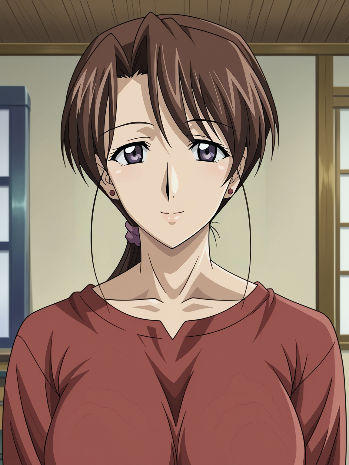 <lora:Sawako-Yama_Hime_no_Mi:0.7>,sawako,mature female,1girl,solo,brown hair,ponytail,long hair,earrings,breasts,shirt,upper body,looking at viewer,indoors,smile