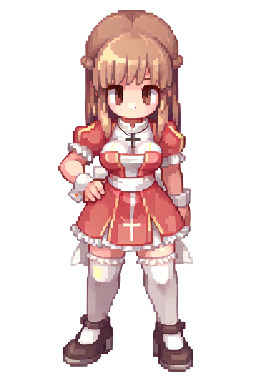 1girl, solo, long hair, breasts, looking at viewer, simple background, brown hair, white background, dress, thighhighs, bow, ribbon, closed mouth, brown eyes, standing, full body, braid, hair ribbon, short sleeves, frills, shoes, puffy sleeves, black footwear, white dress, white thighhighs, high heels, puffy short sleeves, wrist cuffs, hand on own hip, sash, expressionless, brown footwear, short dress, red dress, transparent background, frilled dress, white bow, frilled sleeves, cross, white ribbon, french braid, |_|, two-tone dress, cross necklace, no mouth, frilled thighhighs, medium bangs, waist bow, white sash, high priest (ragnarok online)
ROSPRITE, bodychan