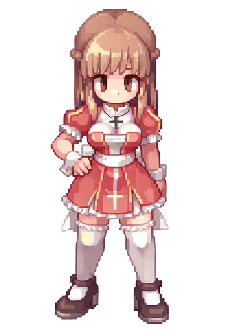 1girl, solo, long hair, breasts, looking at viewer, simple background, brown hair, white background, dress, thighhighs, bow, ribbon, closed mouth, brown eyes, standing, full body, braid, hair ribbon, short sleeves, frills, shoes, puffy sleeves, black footwear, white dress, white thighhighs, high heels, puffy short sleeves, wrist cuffs, hand on own hip, sash, expressionless, brown footwear, short dress, red dress, transparent background, frilled dress, white bow, frilled sleeves, cross, white ribbon, french braid, |_|, two-tone dress, cross necklace, no mouth, frilled thighhighs, medium bangs, waist bow, white sash, high priest (ragnarok online)
ROSPRITE, bodychan