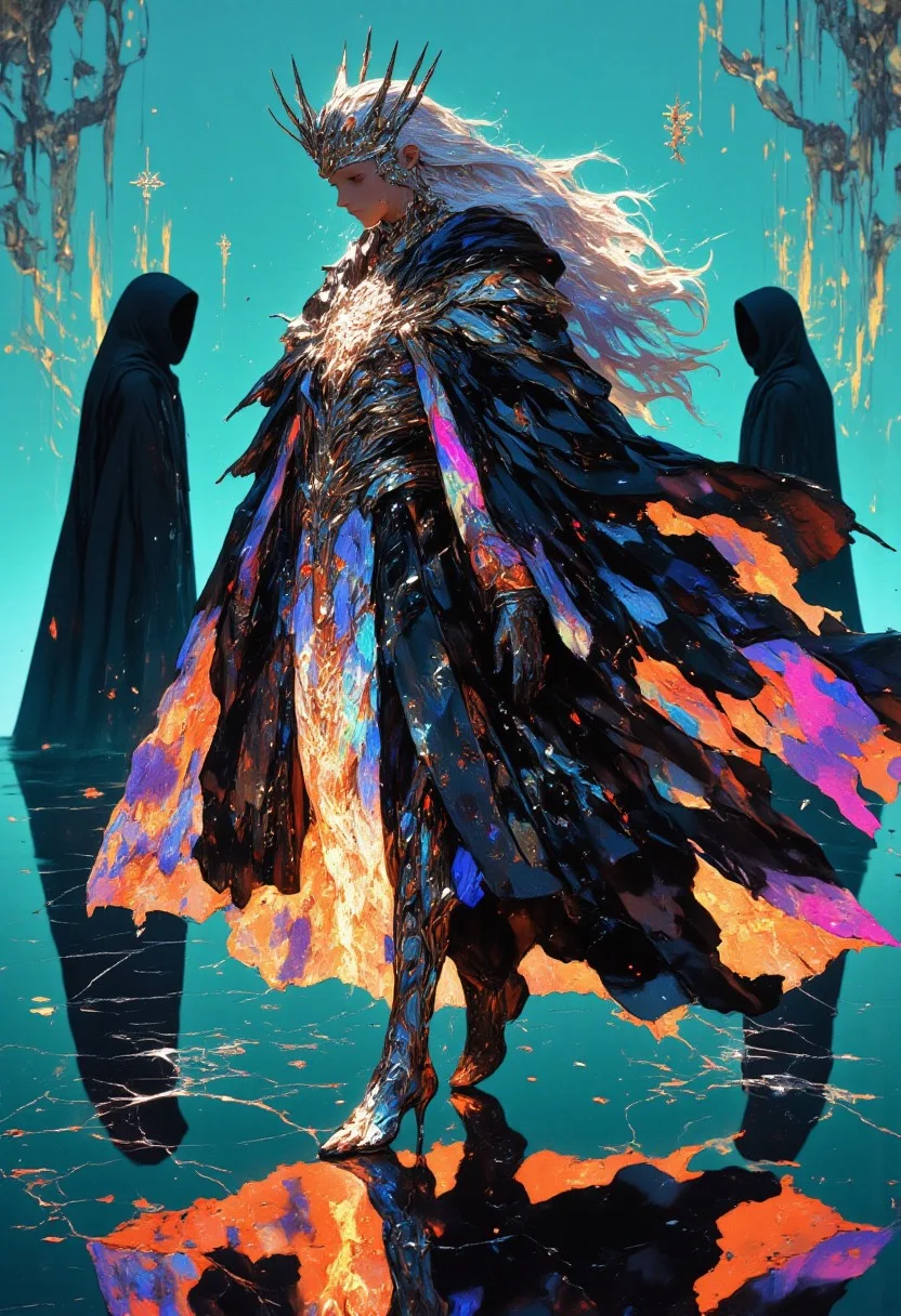 A hyper-realistic full-body portrait of a regal, seductive woman walking with a dynamic, commanding pose, radiating elegance and power. She wears a sharp, symmetrical chrome crown with blade-like points that reflect radiant metallic highlights, evoking a futuristic brilliance. Her flowing robe, crafted from glowing neon dots and vivid lines, shifts mesmerizingly between electric cyan, deep magenta, and radiant gold, creating a surreal, otherworldly allure. Her silver and azure hair, softly glowing, floats weightlessly, amplifying her ethereal presence, while her robe flows in gravity-defying waves, accentuating the motion. Beneath her, the ground features a black obsidian tile floor, its uneven hexagonal tiles streaked with veins of molten gold light that pulse like living energy, adding depth and surreal vibrance. Two veiled women in matte-black robes stand solemnly in the background, their faces obscured and their mysterious presence deepening the enigma. The backdrop is a neon turquoise gradient, faintly illuminated by glowing, cryptic Illuminati-inspired symbols, their soft pulses harmonizing with the glowing tiles. Cinematic lighting bathes the scene in an ethereal glow, accentuating the crown’s brilliance, the robe’s vivid tones, and the surreal floor. Captured in 8K resolution with a 35mm lens at f/1.2, every detail is rendered with precision, merging hyper-realism and surreal elegance into a stunning visual narrative.