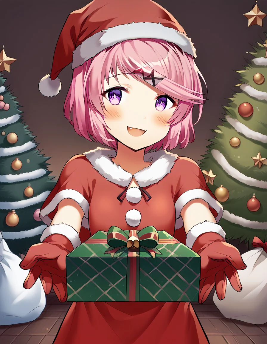 score_9, score_8_up, score_7_up, source_anime, <lora:ddlc-natsuki-ingame-ponyxl-lora-nochekaiser:1>, natsuki, fang, hair ornament, pink hair, purple eyes, short hair, short sidetail, swept bangs, x hair ornament,, <lora:santa-costume-ponyxl-lora-nochekaiser:1>, santa costume, santa hat, christmas, sack, merry christmas, gift, fur-trimmed headwear, holding sack, santa dress, fur-trimmed dress, christmas tree, christmas tree, fur trim, red capelet, gift box, red gloves, fur-trimmed capelet, santa gloves, red hat, hat,, smile, blush, looking at viewer, <lora:incoming-gift-ponyxl-lora-nochekaiser:1>, incoming gift, outstretched arms, holding, holding gift, gift, gift box,, , dutch angle, cowboy shot