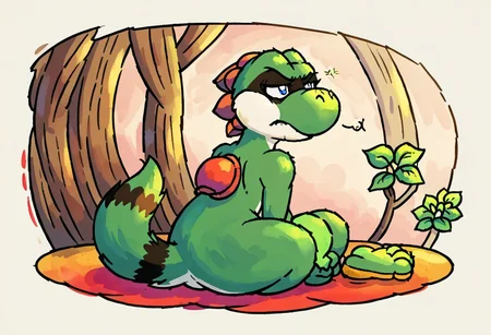 maypul, green fur, raccoon, 1girl, female, 2d, yistyle, yoshi style form, clean, no blur, watercolor, painting, solo, unamused, calm, anthro