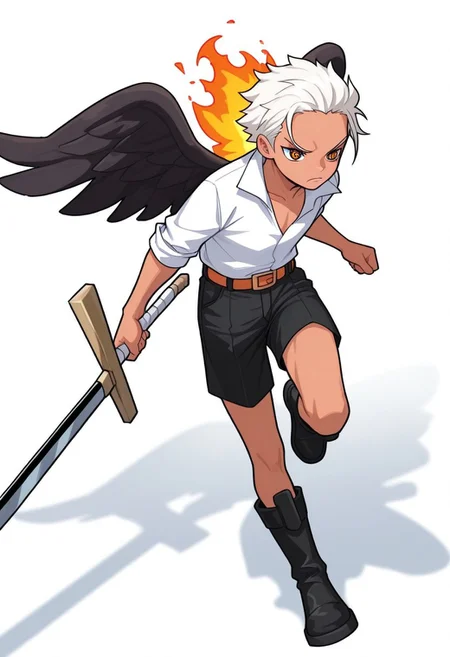 masterpiece, absurdres, high quality, perfect anatomy, 1boy, solo, cute boy, male focus, SHawk, White Hair, Orange Eyes, Star Shaped Pupils, Tan Skin, Black Wings, White Shirt, Sleeves Rolled Up, Black Shorts, Belt, Black Boots, Holding Sword, Holding Weapon, Flame on Back, cinematic, intricately detailed illustration, depth of field, masterpiece, best quality, amazing quality, very aesthetic, absurdres, newest, very awa,  shadow, dynamic angle, casual cosplay, dynamic pose, simple background, Arwe, Dynamism, Foreshortening