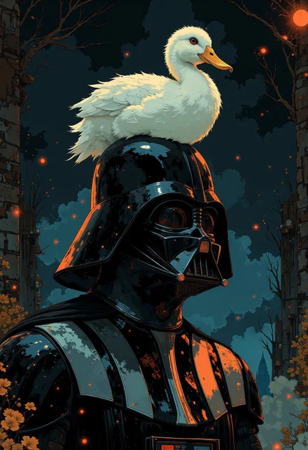 A striking and gritty portrait of Darth Vader's iconic helmet, its surface scarred and weathered, revealing intricate details of scratches, dents, and faint reflections that add a hyper-realistic depth to the composition. The ominous gleam of the dark armor contrasts with faint highlights of ambient light, giving the figure a brooding, powerful presence. A pristine white duck sits comfortably on his head, its curious gaze and comically misplaced presence adding a whimsical and absurd twist to the otherwise menacing scene. The duck's smooth feathers and bright yellow beak provide a sharp, playful contrast to the cold, mechanical textures of Vader’s helmet.
The background is shrouded in a shadowy, almost oppressive darkness, punctuated by faint, fragmented elements of contrasting color—a soft red glow reminiscent of lightsaber energy and subtle blue highlights hinting at distant, otherworldly light sources. These elements bring life and dimension to the dark backdrop without detracting from the central focus. The painterly touch of the image is evident in the soft blending of the background tones, while the hyper-realistic textures of both Vader’s helmet and the duck’s features create a stunning interplay between humor and intensity. The surreal combination invites intrigue and amusement, merging the gravitas of a legendary character with the whimsical charm of an unexpected visitor.