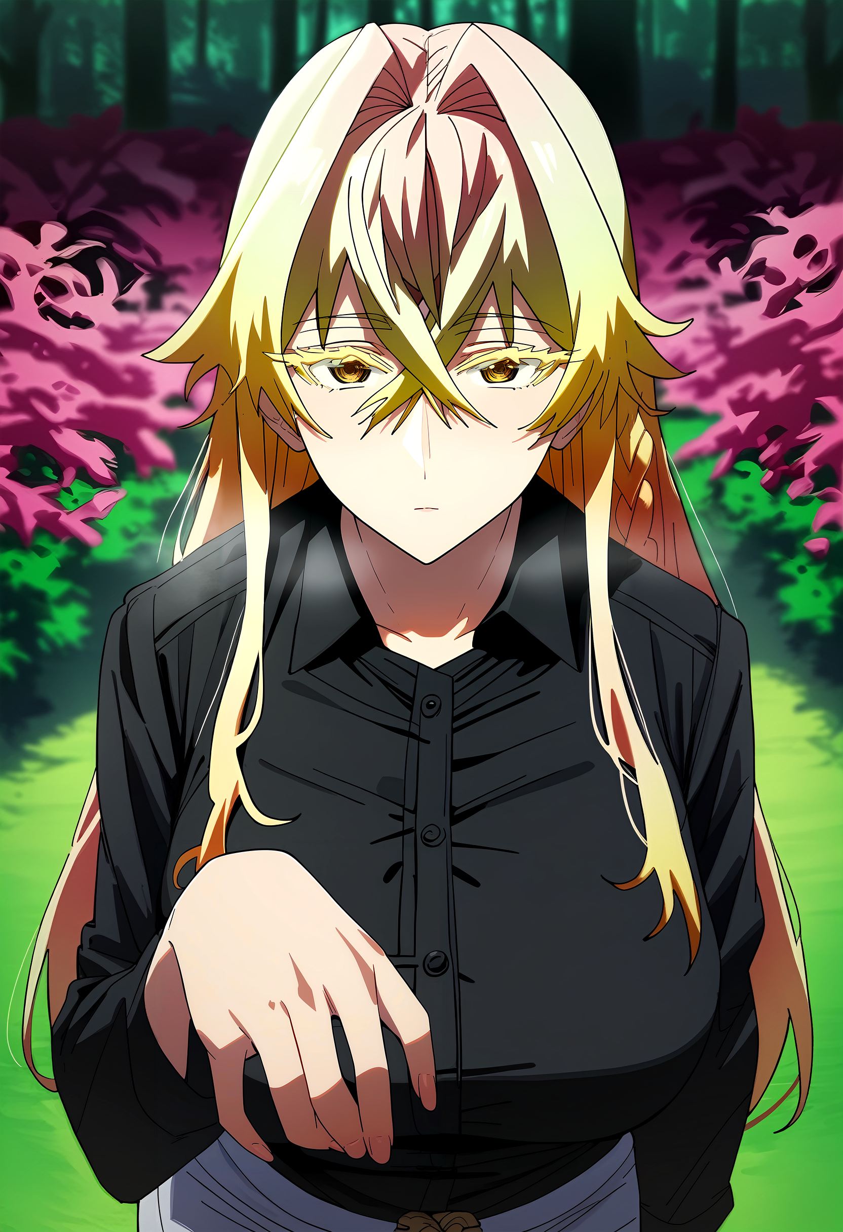 score_9, score_8_up, score_7_up, score_6_up, source_anime, rating_explicit, <lora:neg4all_bdsqlsz_V3.5:2.0>1girl, (solo:1.1), huge breasts, <lora:Ajest Jedgar F. Roguepalaceponyxl:1> long hair, blonde hair, hair between eyes, yellow eyes, hair intakes, braid, crossed bangs, colored eyelashes, black shirt, collared shirt, long sleeves, whtie pants, expressionless, Narrow shoulders, heavy breathing, steaming body, forest, outdoors, looking at viewer, standing, close-up