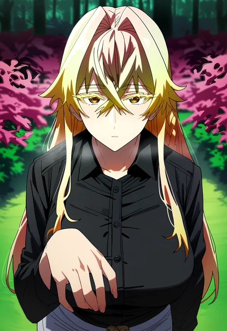 score_9, score_8_up, score_7_up, score_6_up, source_anime, rating_explicit, <lora:neg4all_bdsqlsz_V3.5:2.0>1girl, (solo:1.1), huge breasts, <lora:Ajest Jedgar F. Roguepalaceponyxl:1> long hair, blonde hair, hair between eyes, yellow eyes, hair intakes, braid, crossed bangs, colored eyelashes, black shirt, collared shirt, long sleeves, whtie pants, expressionless, Narrow shoulders, heavy breathing, steaming body, forest, outdoors, looking at viewer, standing, close-up