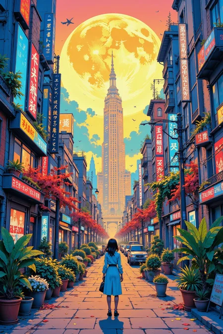 1980s 80's city beautiful anime landscape, noon, woman, very intricate, very detailed, sharp, bright, colorful, <lora:Hand v2:0.5> <lora:Anti-Blur:1><lora:Insane Detail Slider:0.25> <lora:flux.1_lora_flyway_Epic-detail_v2:0.3> <lora:fluxenhancer:0.25> <lora:ROWER:0.6> <lora:Niji Anime Scenic:0.8>