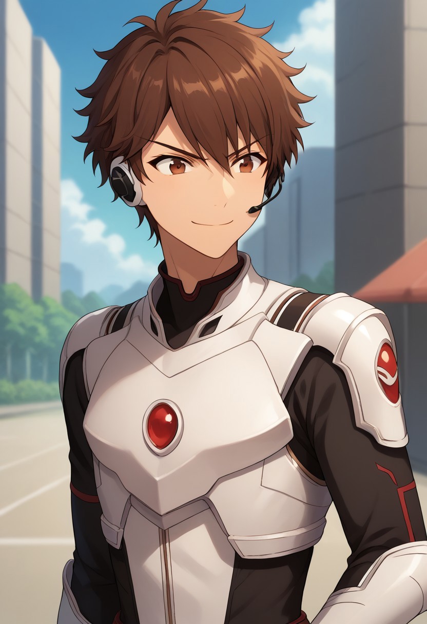 score_9, score_8_up, score_7_up, source_anime, highly detailed, 
chiaki, 1boy, male focus, brown hair, solo, smile, determined, brown eyes, gloves, bodysuit, leader uniform, armor, headset,
outdoor, upper body,