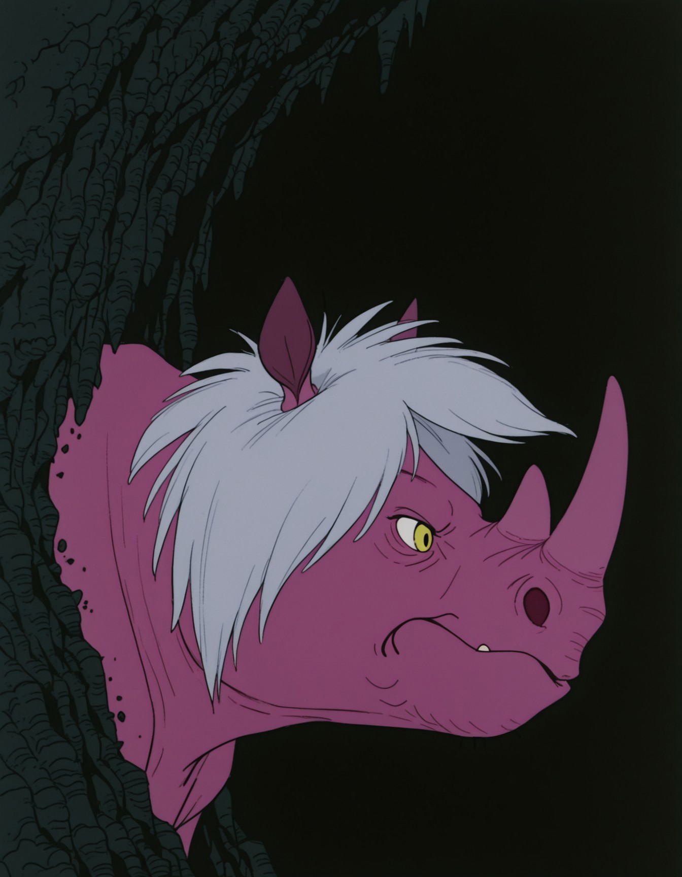 smooth quality, masterpiece, very intricate, high quality details, ultra realistic, high detailed skin, detailed environment, absurdres, solo, simple background, black background, color drain, erosrhinocerosmadammim, rhino, pink skin, yellow eyes, grey hair, horns