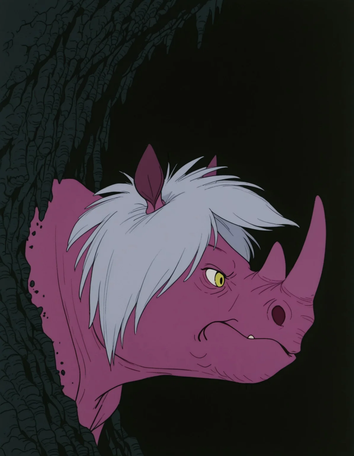 smooth quality, masterpiece, very intricate, high quality details, ultra realistic, high detailed skin, detailed environment, absurdres, solo, simple background, black background, color drain, erosrhinocerosmadammim, rhino, pink skin, yellow eyes, grey hair, horns