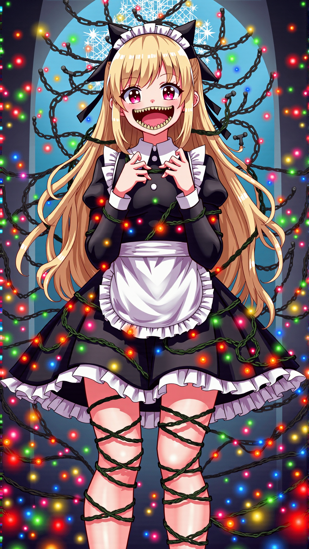 An image of a ChristmasLightsStyle baroque oil painting of anime key visual concept art of anime maids with 1 0 sets of teeth, teeth protruding from skin, teeth for toes, trending on artstation, brush strokes, oil on canvas, style of makoto shinkai and greg rutkowski and studio ghibli. Covered in  christmas lights, tangled wires all wrapped up
<lora:ChristmasLightsStyleFlux:0.9>