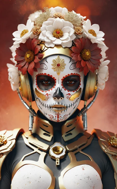 Futuristic Soldier Girl Portrait,looking at viewer,upper body,science fiction,
a woman dressed in a sugar skull costume with flowers, Amazing Octane Render, thick dust and red tones, wearing a golden halo, Saint Woman, white skeleton face