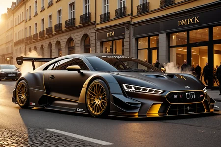 (concept car with DTM body kit), black matt paintwork, racing through busy city street, golden hour, smoke sprays up from the cars tyres, UHD