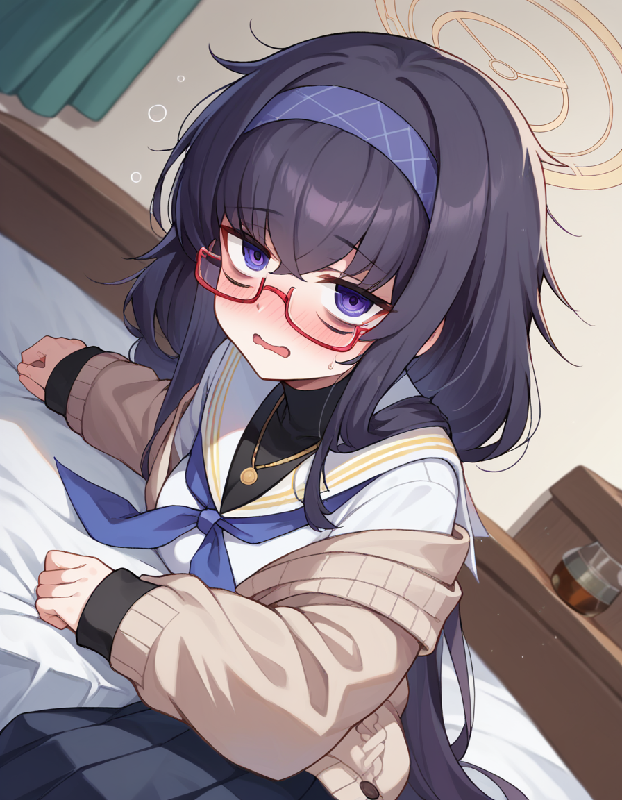score_9, score_8_up, score_7_up, source_anime,
uikozeki, <lora:ui-kozeki-ponyxl-lora-nochekaiser:1>,
ui kozeki, bags under eyes, black hair, purple eyes, glasses, halo, long hair, red-framed eyewear,
black pantyhose, black undershirt, blue hairband, blue neckerchief, brown cardigan, brown sweater, cardigan, hairband, long sleeves, messy hair, neckerchief, pantyhose, sailor collar, school uniform, serafuku, sweater, white sailor collar, white serafuku, skirt, long skirt,
indoors, bed, bed room, on side, blush, drunk,
looking at viewer, dutch angle, cowboy shot,