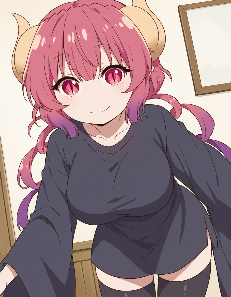 score_9, score_8_up, score_7_up, source_anime,
dragonilulu, <lora:dragon-ilulu-s2-ponyxl-lora-nochekaiser:1>,
ilulu, curled horns, horns, long hair, multicolored hair, purple hair, red eyes, red hair, slit pupils, large breasts,
black shirt, long shirt, black thighhighs, collarbone, shirt, short sleeves, thighhighs, wide sleeves, zettai ryouiki,
indoors, bent over, smile,
looking at viewer, cowboy shot, dutch angle, solo,