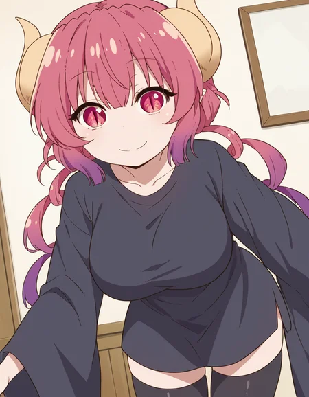 score_9, score_8_up, score_7_up, source_anime,
dragonilulu, <lora:dragon-ilulu-s2-ponyxl-lora-nochekaiser:1>,
ilulu, curled horns, horns, long hair, multicolored hair, purple hair, red eyes, red hair, slit pupils, large breasts,
black shirt, long shirt, black thighhighs, collarbone, shirt, short sleeves, thighhighs, wide sleeves, zettai ryouiki,
indoors, bent over, smile,
looking at viewer, cowboy shot, dutch angle, solo,