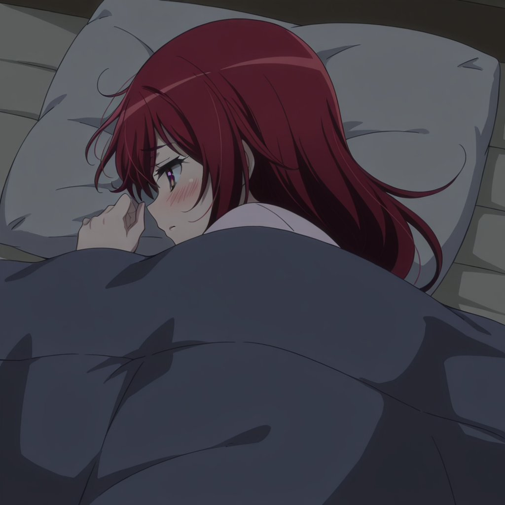 nsfw, masterpiece, best quality,1girl, solo, jokamachi_no_danderaion_akane_sakurada, blush, pillow, on side, red hair, lying, under covers, hair down, dark, <lora:Akane_Sakurada_-_Jokamachi_no_Danderaion_2:0.7>