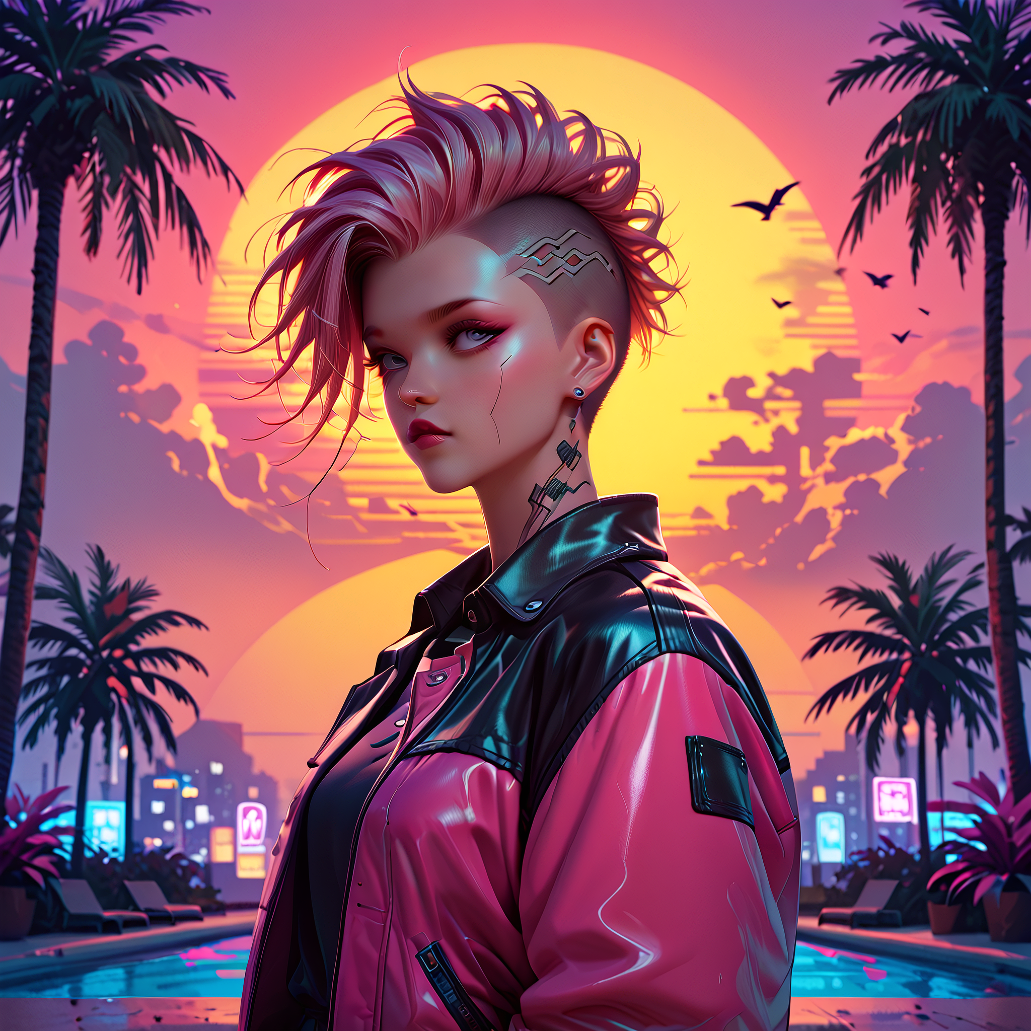 synthworld, synthwave, girl, cyberpunk, mohawk, retro, neon, sunset, palm trees, sun, pony_lazyup, pony_zPDXL3, score_9, score_8_up, score_7_up, s masterpiece, very aesthetic, absurdres, <lora:pony_synthworld_V2:1.0>