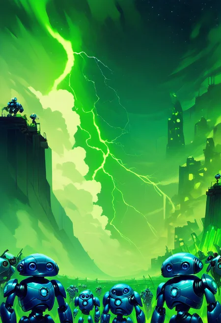 score_9, score_8_up, score_7_up,
Necron, green lightning, black armor,
CivBot, blue eyes, sky, cloud, no humans, glowing, star, science fiction, fist, clenched fist, radio antenna, cowboy shot, blue robot,