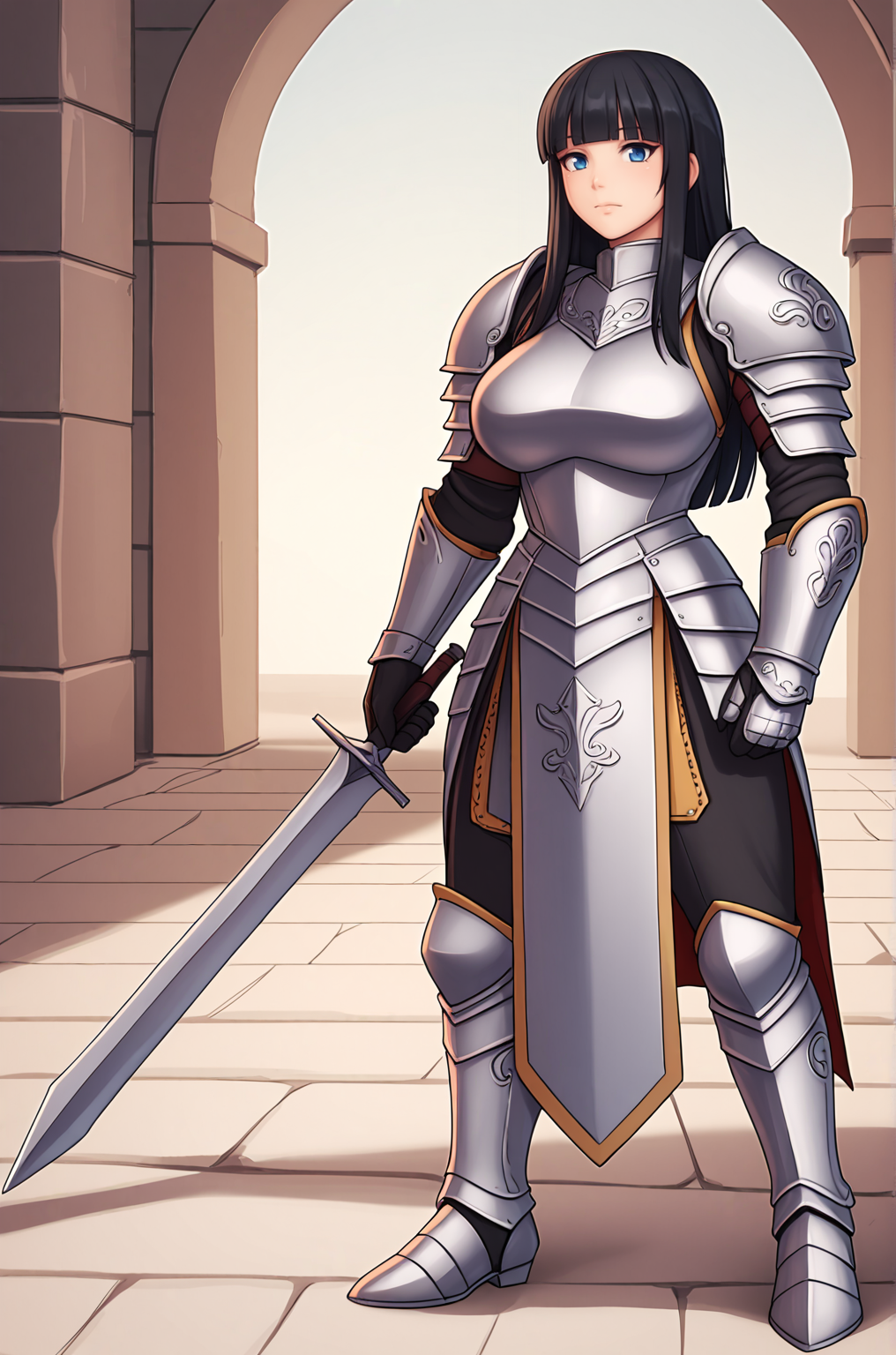 anime artwork, score_9, score_8_up, score_7_up, source_anime, BREAK, thick outline, fat outline,
Ikaruga_XL, long black hair, blunt bangs, hime cut, dark blue eyes, large breasts, BREAK, knight armor, metal armor, Gorget, Pauldrons, Breastplate, Vambraces, Cuisses, Greaves, Chainmail, Plackart, BREAK, medieval castle,
<lora:Ikaruga_XL:0.7>
<lora:PersonalAmi_PonyXL:1.0>