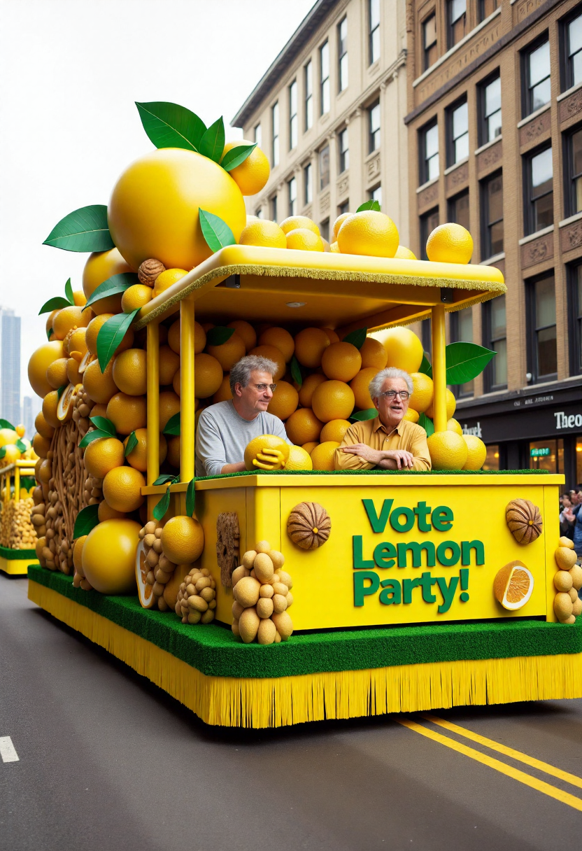 <lora:Parade_Float_Fashioner_FLUX-000005:0.9>
The image is a realistic photograph capturing a vibrant, elaborate lemon themed parade float including banner with text "Vote Lemon Party!".