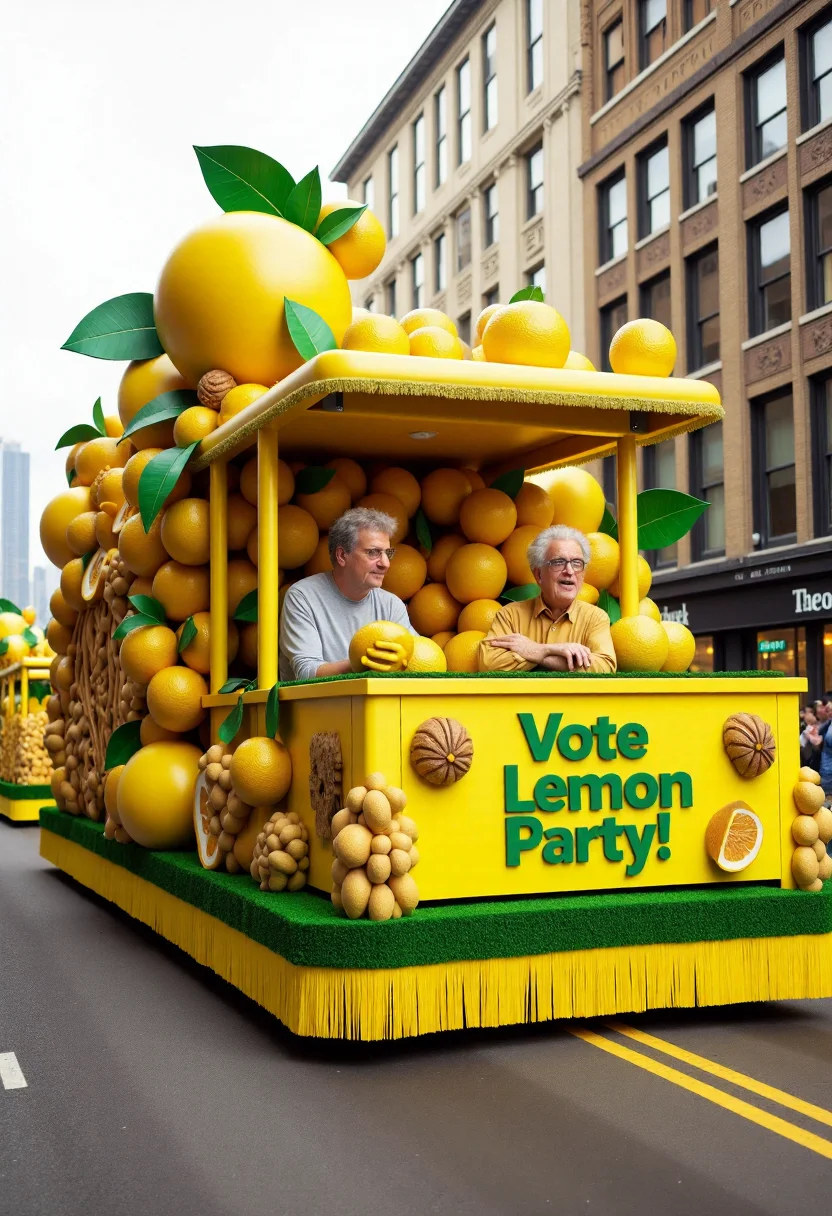 <lora:Parade_Float_Fashioner_FLUX-000005:0.9>
The image is a realistic photograph capturing a vibrant, elaborate lemon themed parade float including banner with text "Vote Lemon Party!".