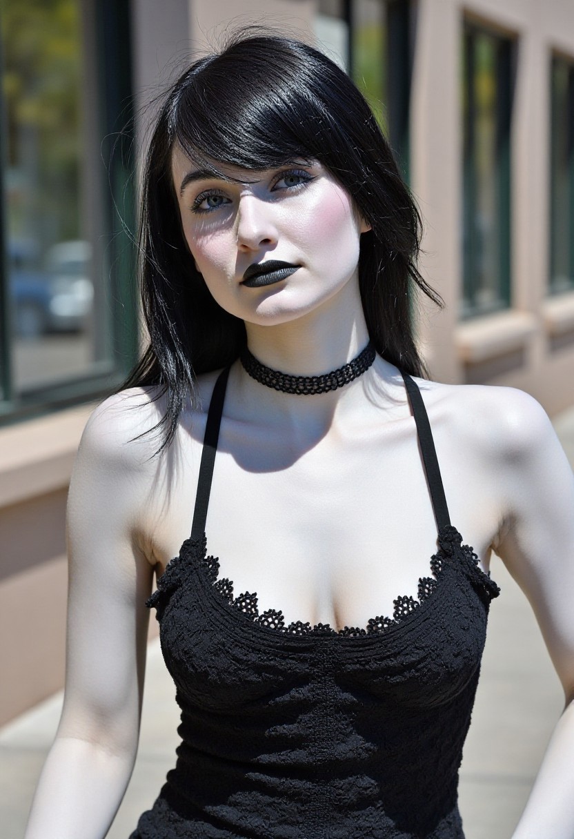ftv style, of a gothic woman, pale white skin, black lipstick, black bra, curvy, cleavage, wearing a black frilly dress, upper body, choker, long black hair, blue eyes, outside, sunny, swept bangs